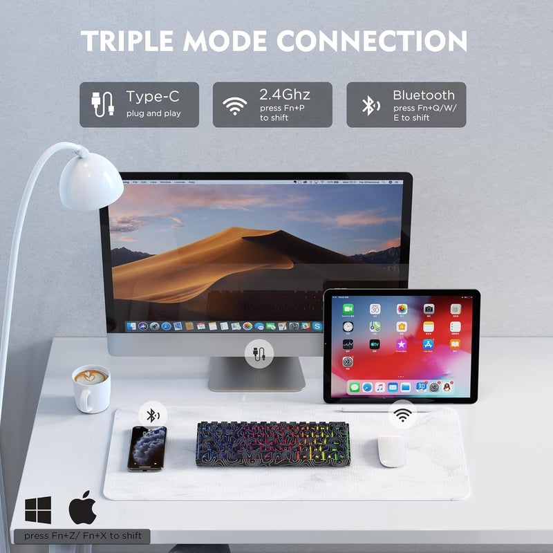 HITIME 60% Percent Keyboard, Topographic Theme Keyboard, XVX M61 Pro Bluetooth/2.4GHz/USB-C Wireless Mechanical Gaming Key Board, Hot Swappable Creamy Pre-lubed Switch, RGB - Image 3